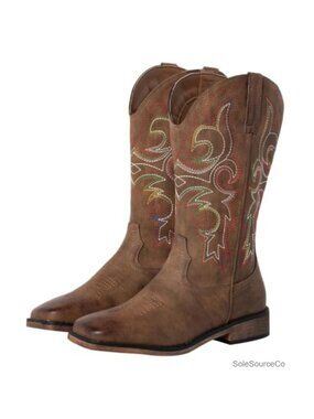 Women's Square Toe Cowboy Boots Faux Leather Mid-Calf
